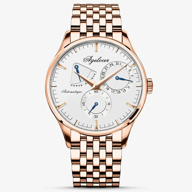 Agelocer Budapest automatic watch, white dial, rose gold case and bracelet with power reserve display, front view