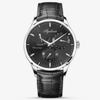 Agelocer Budapest automatic watch with power reserve display, black dial, steel case, black leather strap, front view