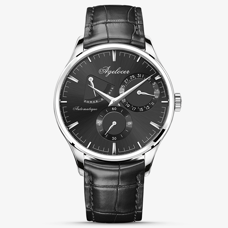 Agelocer Budapest automatic watch with power reserve display, black dial, steel case, black leather strap, front view