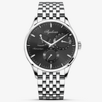 Agelocer Budapest automatic watch, black dial and steel case with power reserve display, steel bracelet, front view