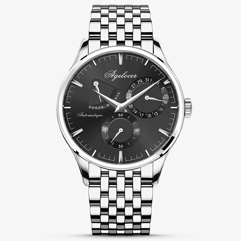 Agelocer Budapest automatic watch, black dial and steel case with power reserve display, steel bracelet, front view