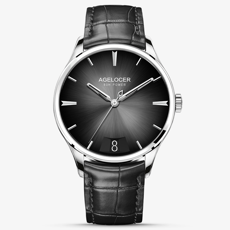 Agelocer Budapest big-date automatic watch, black sunburst dial with date window, steel case, black leather strap