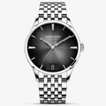 Agelocer Budapest big-date automatic watch, black sunburst dial with date window, steel case and bracelet, front