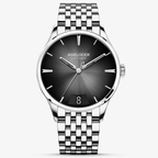 Agelocer Budapest big-date automatic watch, black sunburst dial with date window, steel case and bracelet, front