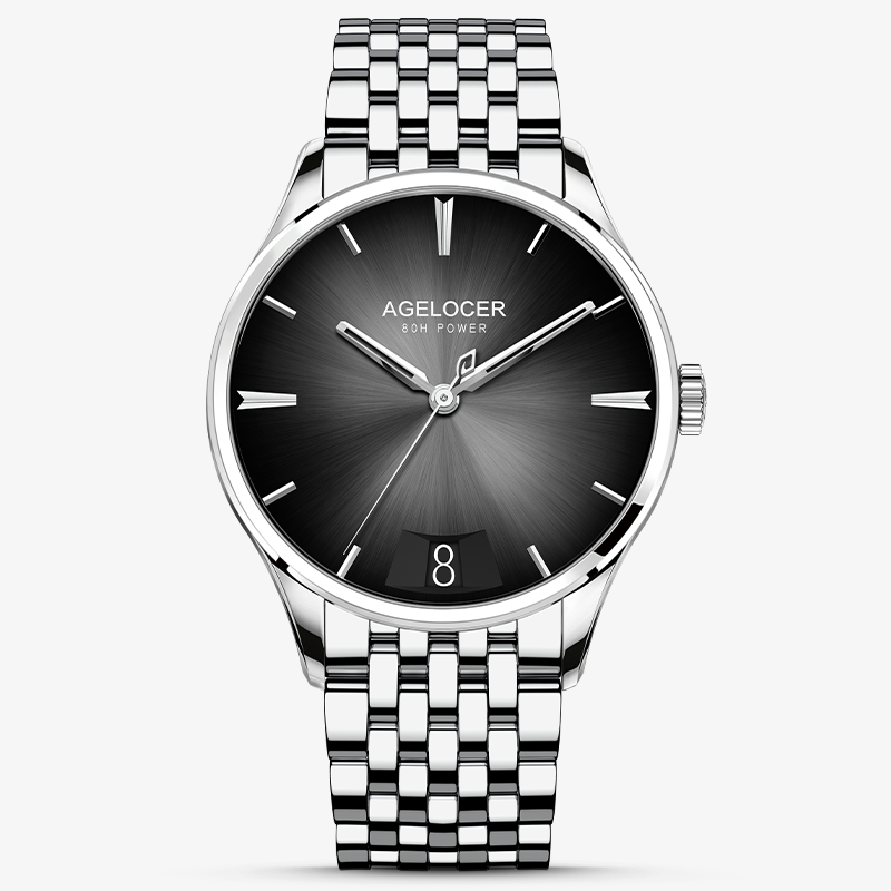 Agelocer Budapest big-date automatic watch, black sunburst dial with date window, steel case and bracelet, front