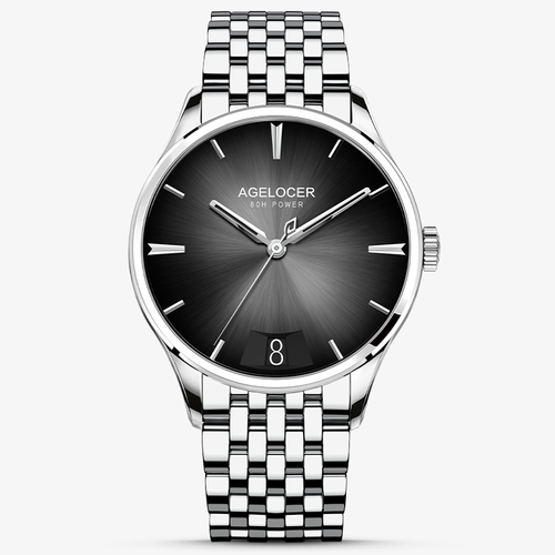 Agelocer Budapest big-date automatic watch, black sunburst dial with date window, steel case and bracelet, front
