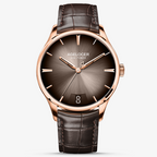 Agelocer Budapest big-date automatic watch, brown sunburst dial with date window, rose gold case, brown leather strap