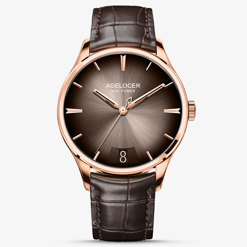 Agelocer Budapest big-date automatic watch, brown sunburst dial with date window, rose gold case, brown leather strap