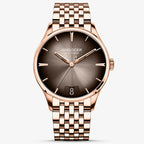 Agelocer Budapest big-date automatic watch, brown sunburst dial with date window, rose gold case and bracelet, front