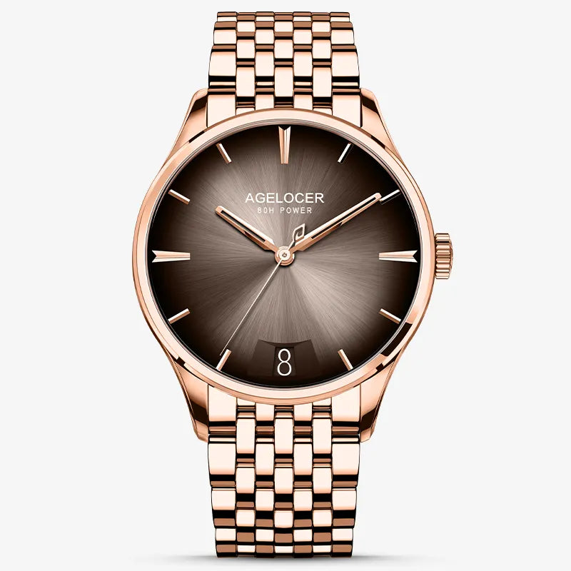 Agelocer Budapest big-date automatic watch, brown sunburst dial with date window, rose gold case and bracelet, front