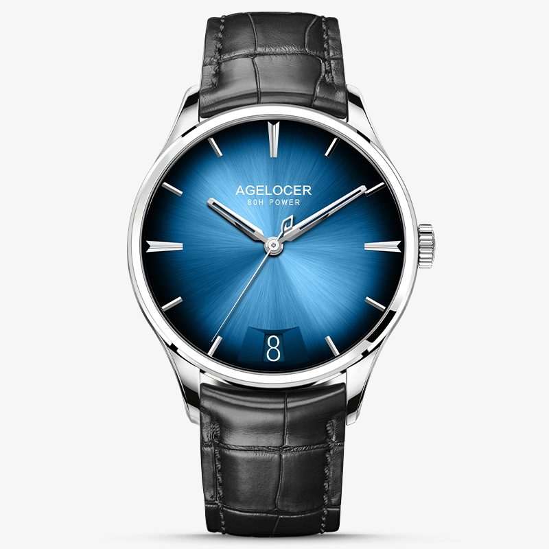 Agelocer Budapest big-date automatic watch, blue sunburst dial with date window, steel case, black leather strap