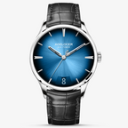 Agelocer Budapest big-date automatic watch, blue sunburst dial with date window, steel case, black leather strap