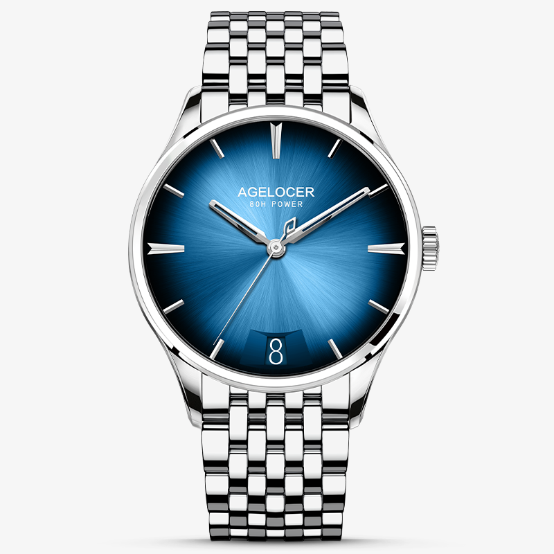Agelocer Budapest big-date automatic watch, blue sunburst dial with date window, steel case and bracelet, front view