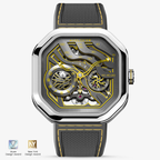 Agelocer Volcano Flame 5002A2 automatic skeleton watch, dazzling yellow dial, steel case, grey rubber strap, front