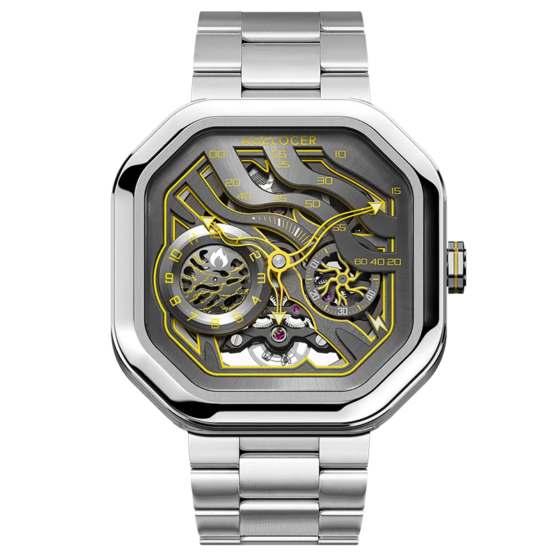 Agelocer Volcano Flame automatic skeleton watch, dazzling yellow dial, steel case and bracelet, front view
