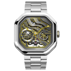 Agelocer Volcano Flame automatic skeleton watch, dazzling yellow dial, steel case and bracelet, front view