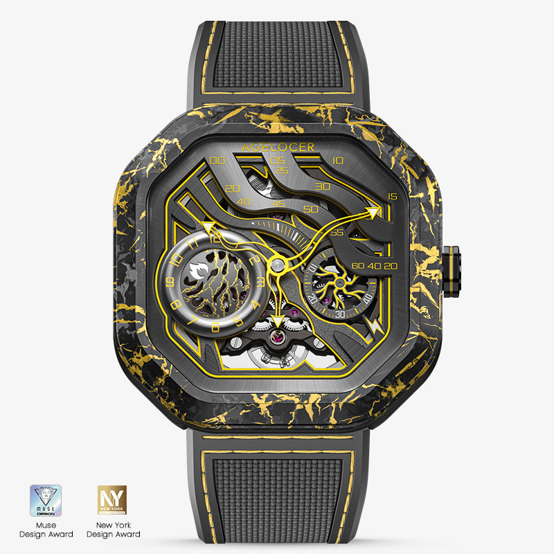 Agelocer Volcano automatic skeleton watch, carbon fibre case, yellow flame dial, black rubber strap, front view