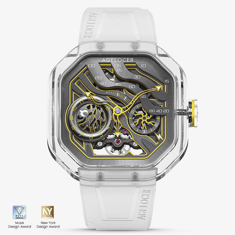 Agelocer Volcano crystal-case skeleton automatic watch, dazzling yellow dial, front view
