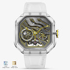 Agelocer Volcano crystal-case skeleton automatic watch, dazzling yellow dial, front view