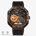 Agelocer Volcano automatic skeleton watch, carbon fibre case, orange flame dial, black rubber strap, front view