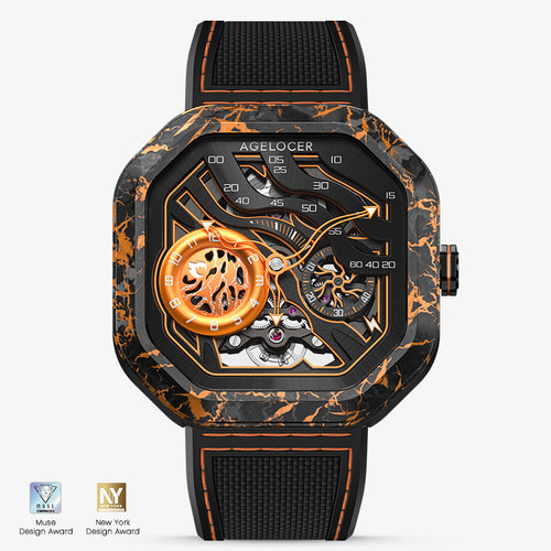 Agelocer Volcano automatic skeleton watch, carbon fibre case, orange flame dial, black rubber strap, front view