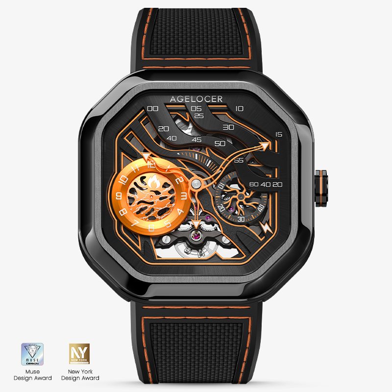 Agelocer Volcano Flame 5003J3 automatic skeleton watch, flame orange dial, black case, black rubber strap, front