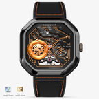 Agelocer Volcano Flame 5003J3 automatic skeleton watch, flame orange dial, black case, black rubber strap, front