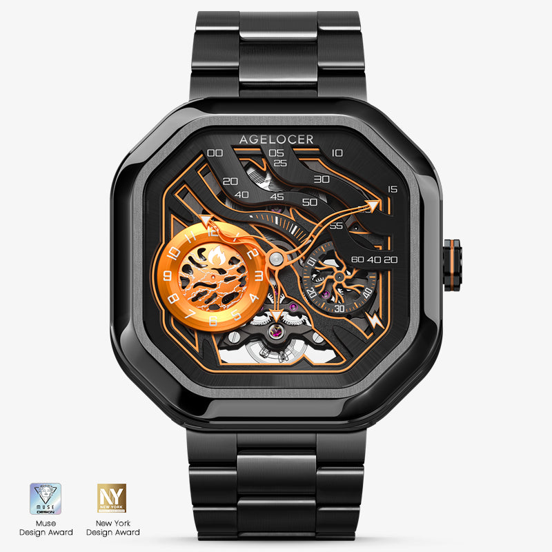 Agelocer Volcano Flame automatic skeleton watch, flame orange dial, black case, steel bracelet, front view