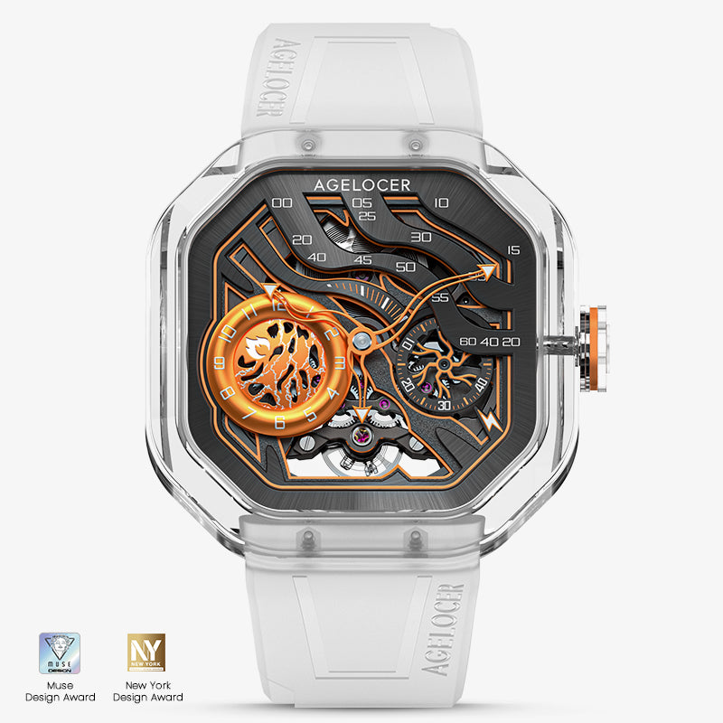 Agelocer Volcano crystal-case skeleton automatic watch, flame orange dial, front view