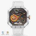 Agelocer Volcano crystal-case skeleton automatic watch, flame orange dial, front view