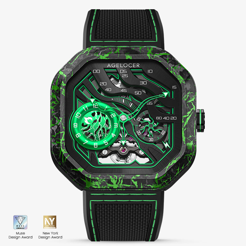 Agelocer Volcano automatic skeleton watch, carbon fibre case, green flame dial, black rubber strap, front view