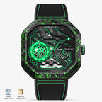 Agelocer Volcano automatic skeleton watch, carbon fibre case, green flame dial, black rubber strap, front view
