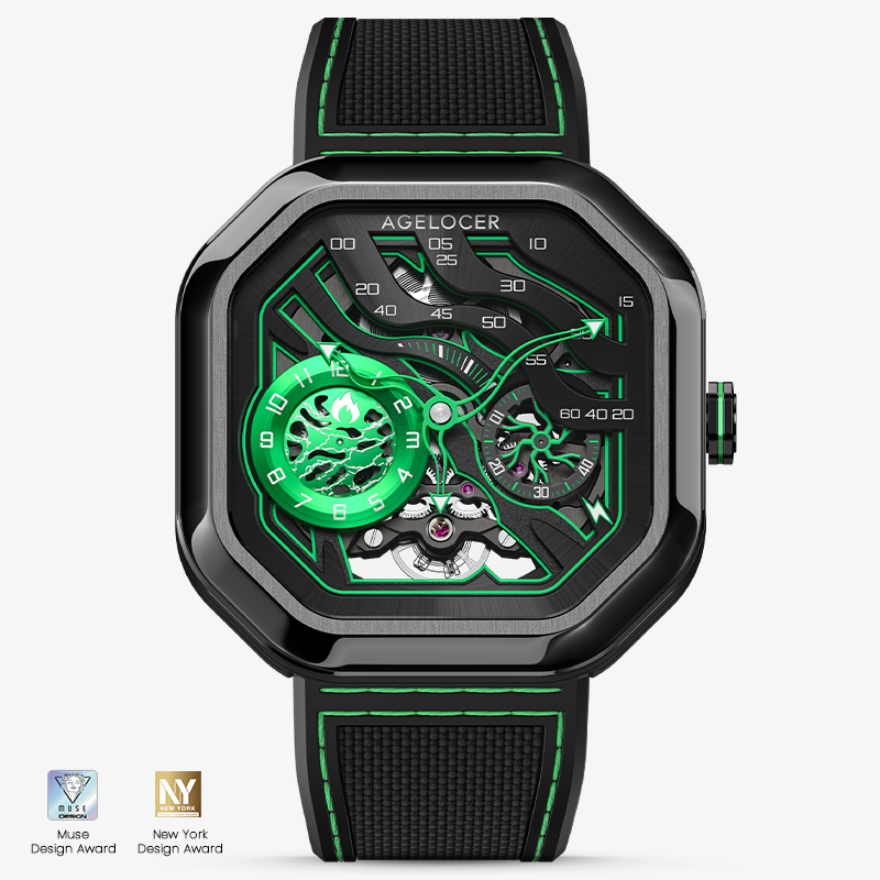 Agelocer Volcano Flame 5005J5 automatic skeleton watch, wilderness green dial, black case, black rubber strap, front