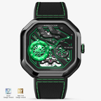 Agelocer Volcano Flame 5005J5 automatic skeleton watch, wilderness green dial, black case, black rubber strap, front