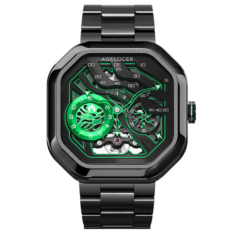Agelocer Volcano Flame automatic skeleton watch, wilderness green dial, black case, steel bracelet, front