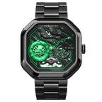 Agelocer Volcano Flame automatic skeleton watch, wilderness green dial, black case, steel bracelet, front