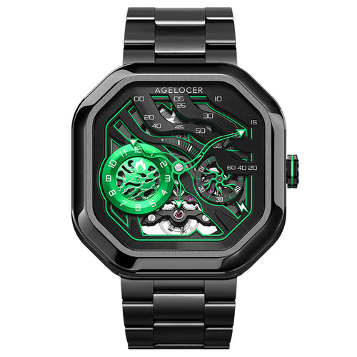 Agelocer Volcano Flame automatic skeleton watch, wilderness green dial, black case, steel bracelet, front