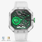 Agelocer Volcano crystal-case skeleton automatic watch, wilderness green dial, front view