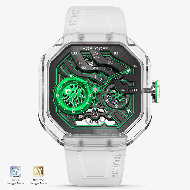 Agelocer Volcano crystal-case skeleton automatic watch, wilderness green dial, front view