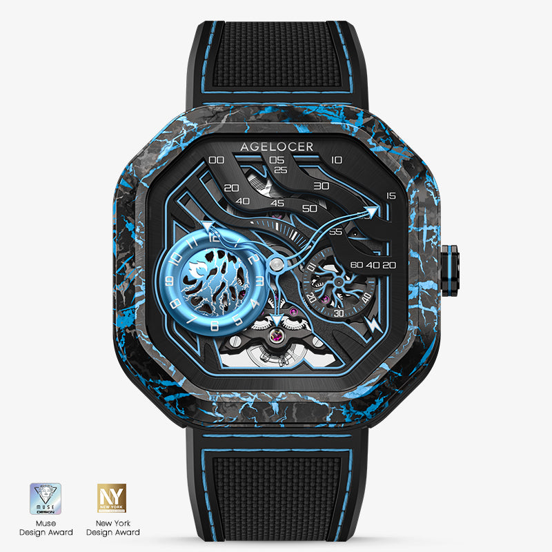 Agelocer Volcano automatic skeleton watch, carbon fibre case, sky blue flame dial, black rubber strap, front view