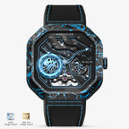 Agelocer Volcano automatic skeleton watch, carbon fibre case, sky blue flame dial, black rubber strap, front view