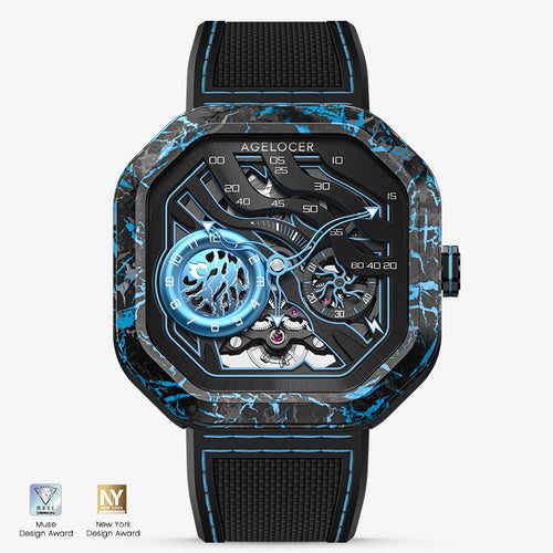 Agelocer Volcano automatic skeleton watch, carbon fibre case, sky blue flame dial, black rubber strap, front view