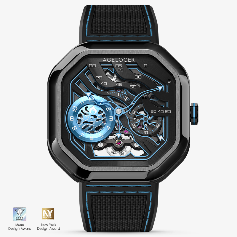 Agelocer Volcano Flame 5006J6 automatic skeleton watch, sky blue dial, black case, black rubber strap, front