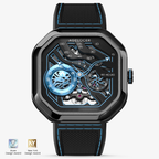 Agelocer Volcano Flame 5006J6 automatic skeleton watch, sky blue dial, black case, black rubber strap, front