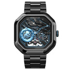 Agelocer Volcano Flame automatic skeleton watch, sky blue dial, black case, steel bracelet, front view