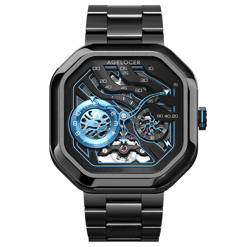 Agelocer Volcano Flame automatic skeleton watch, sky blue dial, black case, steel bracelet, front view
