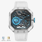 Agelocer Volcano crystal-case skeleton automatic watch, sky blue dial, front view