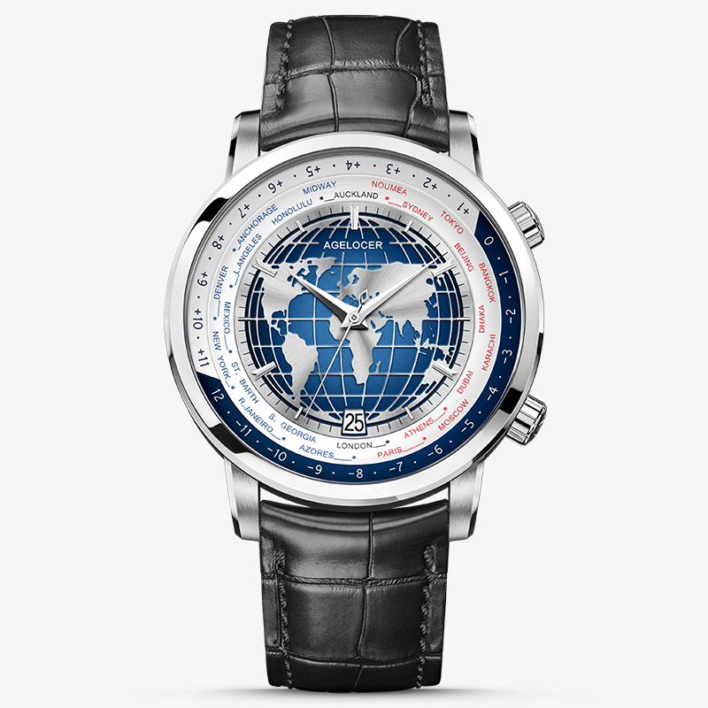 Agelocer World Time automatic watch, steel case with blue globe dial and world city ring, black leather strap, front