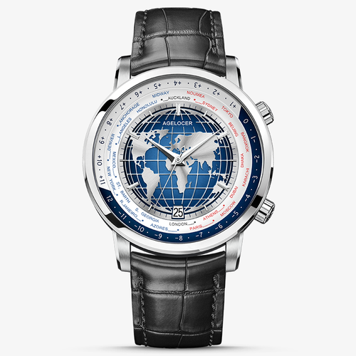Agelocer World Time automatic watch, steel case with blue globe dial and world city ring, black leather strap, front