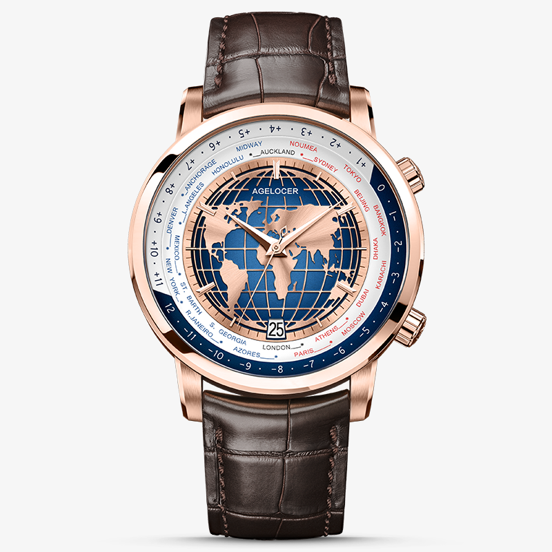 Agelocer World Time automatic watch, rose gold case with blue globe dial and city ring, brown leather strap, front